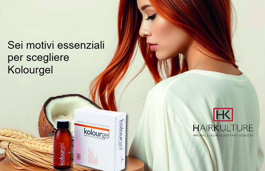 Capelli sani e luminosi valorizzati da una colorazione professionale in gel senza ammoniaca, con attivi vegetali e formula Nichel Tested – Kolourgel H.K.Hair Kulture
