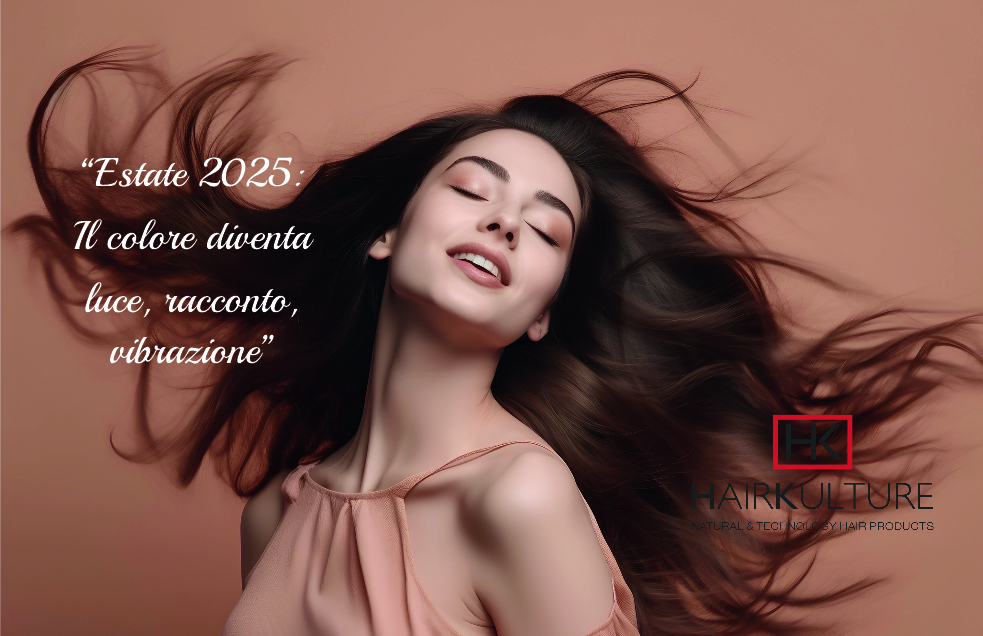 Ragazza con capelli lunghi e fluenti in movimento su sfondo pesca, indossa top chiaro. Immagine promozionale del brand H.K.Hair Kulture, specializzato in prodotti tricologici e di colorzione per capelli. L'immagine vuole esprimere le tendenze colore capelli per l'eatate 2025.